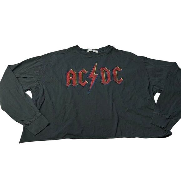 Free People Daydreamer Size S AC/DC Long Sleeve Graphic Tee Charcoal Black Boxy - Picture 3 of 9